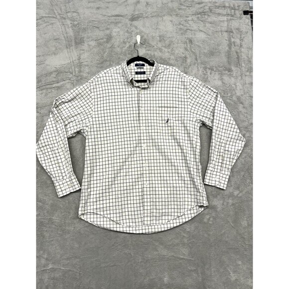 NAUTICA MENS BLUE CHECK CLASSIC BUTTON-UP LONG SLEEVE WHITE COLLARED SHIRT - Picture 1 of 7